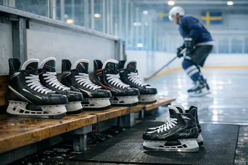 Hockeyskridskor uppradade på en bänk vid isen medan en spelare snör på sig ett par