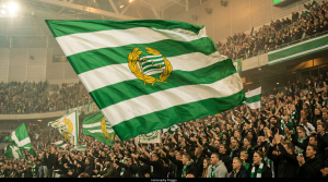 En enorm Hammarby flagga som vajar &ouml;ver en fullsatt l&auml;ktare