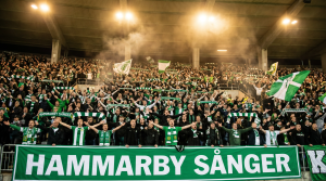 En passionerad Hammarby-klack som sjunger tillsammans p&aring; l&auml;ktaren